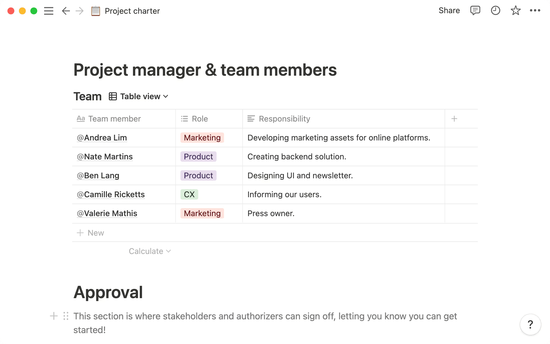 A sample project team within a Notion project charter