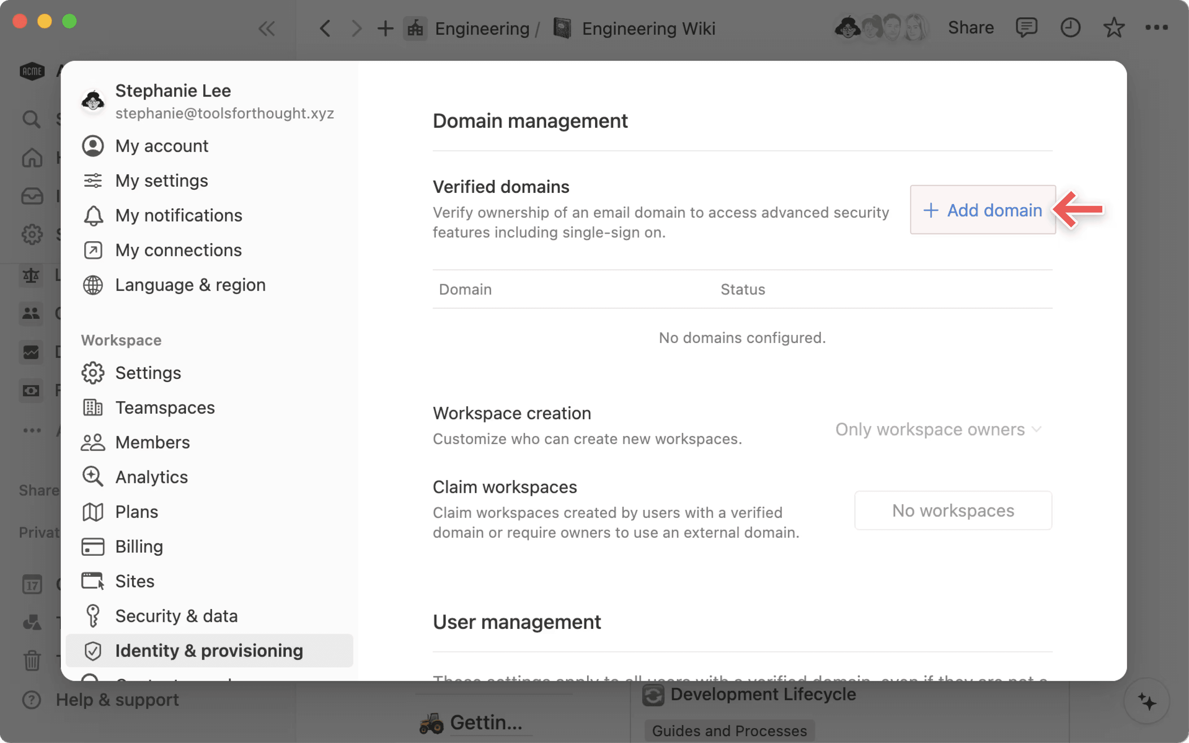 Select Add domain from the Identity settings sidebar to verify a domain for your workspace.