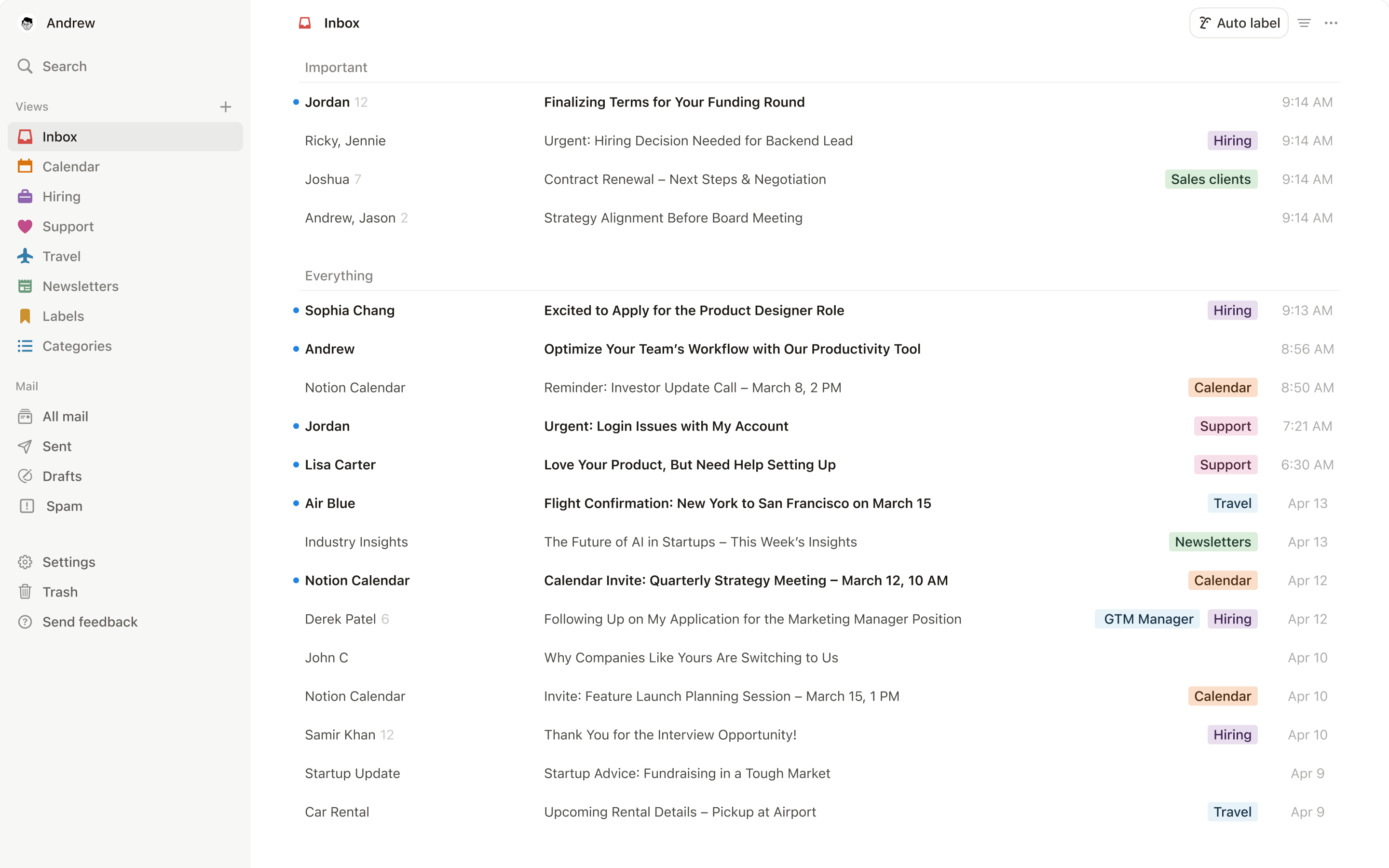 Una schermata di Notion Mail su desktop